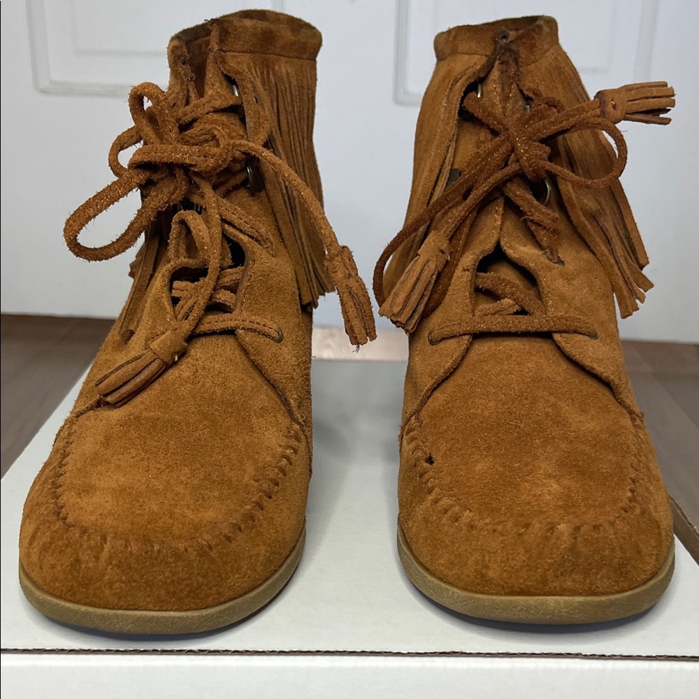 Minnetonka Suede Fringe Ankle Booties in Cognac Brown